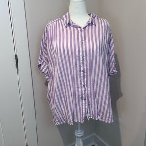 Lane Bryant Plus Size 28 Purple & White Striped Oversized Button-Down Blouse